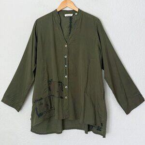 Adverb Embroidered Stitch Button Front Blouse Shirt Top M Olive Green Lagenlook